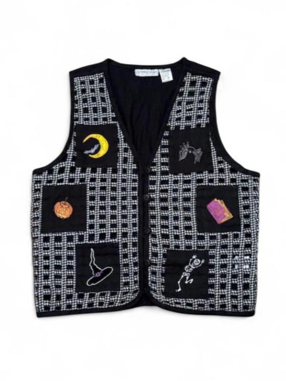 Vintage 90s Gingham Embroidered Halloween Vest Witch Hat Spell Book Moon Bat+ L